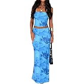 Goafuliy 2 Piece Skirt Sets for Women Summer, Floral Sleeveless Tube Top Bodycon Maxi Skirts Y2k Vacation Going Out Outfits