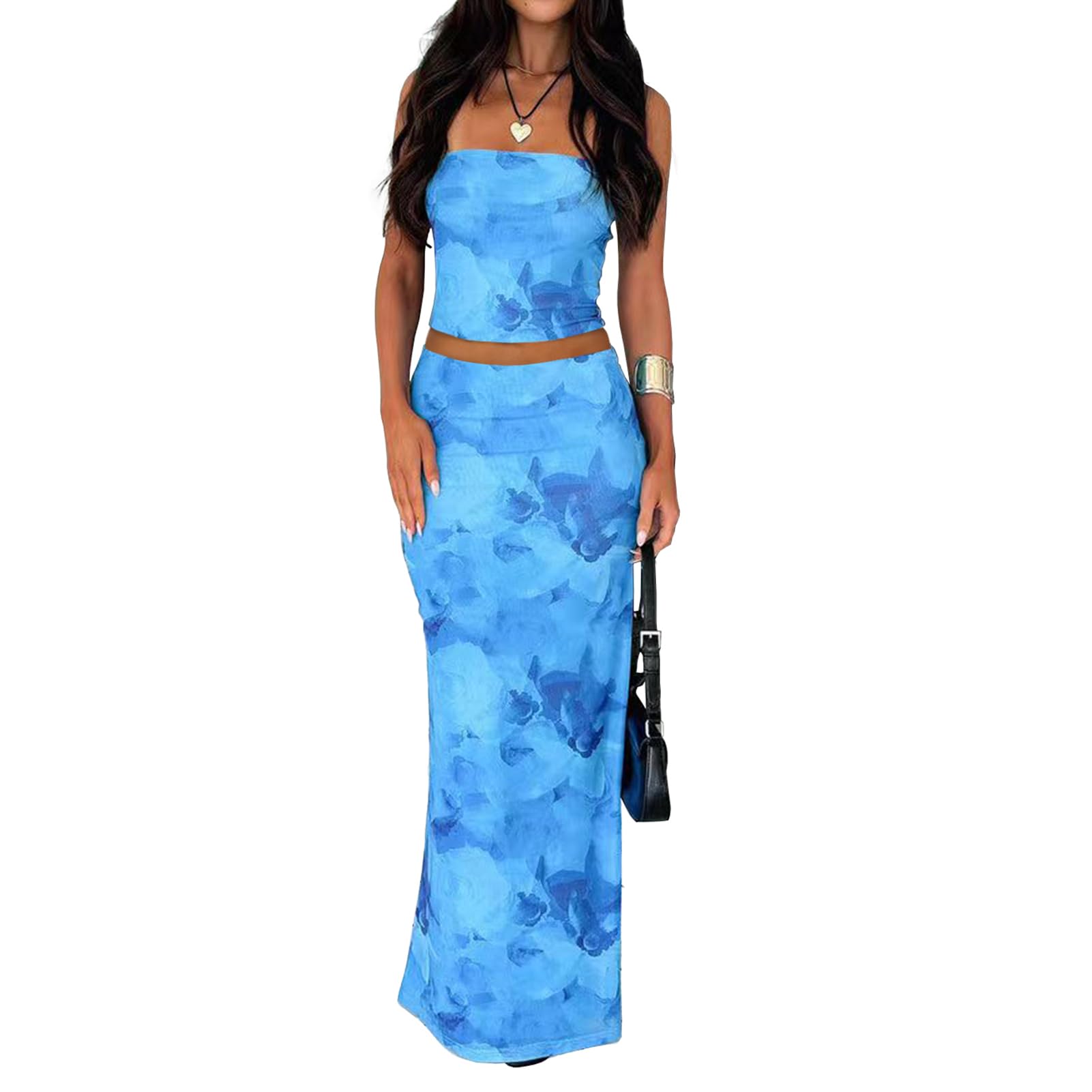 Photo 1 of **MISSING TOP***Goafuliy Skirt Sets Women 2 Piece Outfits Tie Dye Sleeveless Tube Tops Sexy Maxi Dress 2 PC Summer Y2K Vacation Set Blue XL