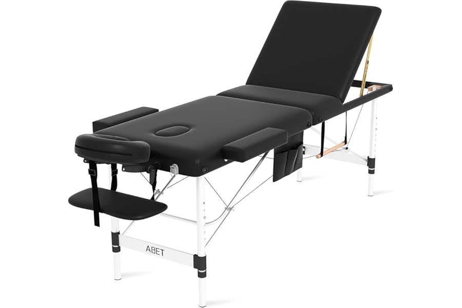 ABET Massage Table, 3 Fold Portable Professional Lash Tattoo Spa Bed, Height Adjustable 23.5″ Wide Compact Facial Table with Detachable Oil Pocket Towel Rod Face Cradle Armrest, Aluminum Feet & Black