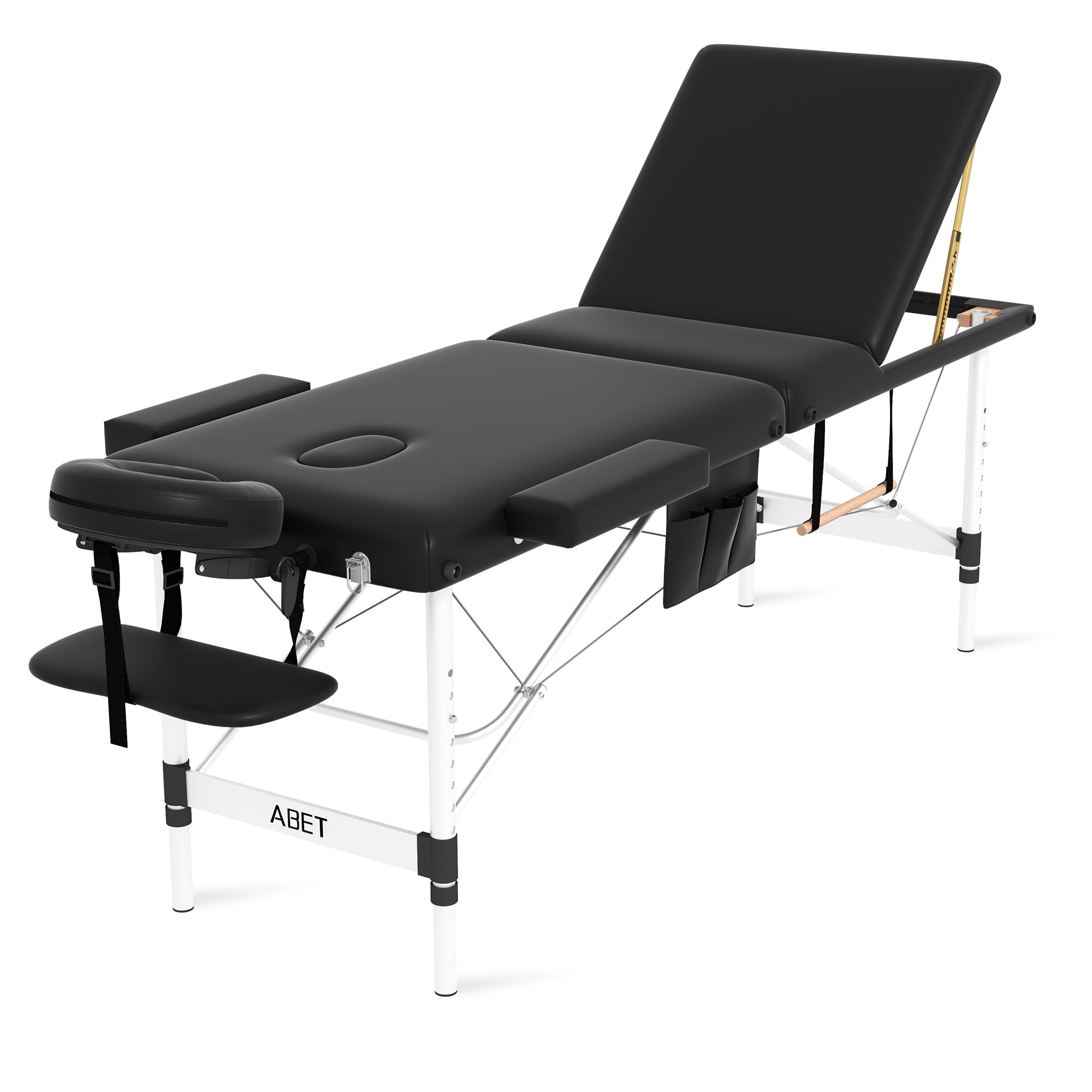 Photo 1 of ABET Massage Table, 3 Fold Portable Professional Lash Tattoo Spa Bed, Height Adjustable 23.5" Wide Compact Facial Table with Detachable Oil Pocket Towel Rod Face Cradle Armrest, Aluminum Feet & Black