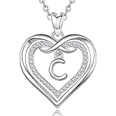 Vito 925 Sterling Silver Initial Necklace for Women, Cubic Zirconia Double Heart Letter Pendant, 18"