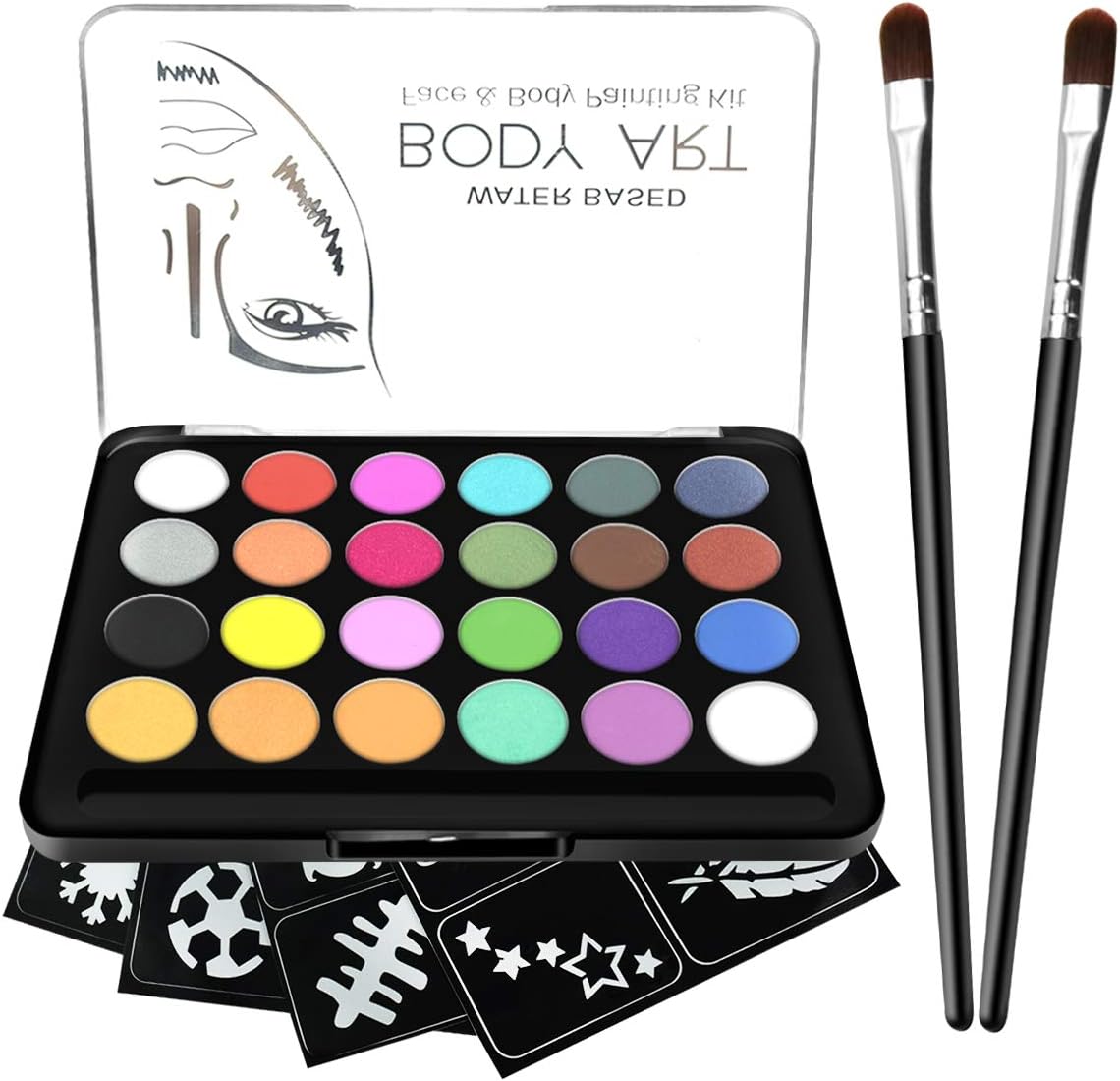 RIOGOO Face Paint Kit for Kids, 32 Stencils, 24 Large Water Based Paints, 2 Brushes, Professional Quality Face & Body Paint