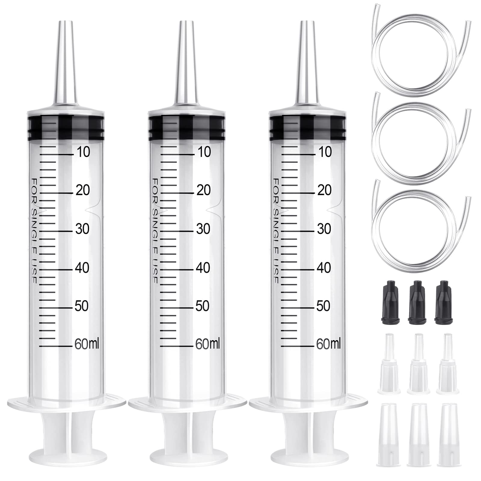 Plastic Syringe with Tube and Connector - 60ml Needleless Syringes for Lab Measurements and Pets - 3 Pcs Individual Package