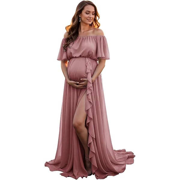 sachin and babi light blue dress Maternity Dress for Photoshoot Off Shoulder Chiffon Gown Split Front Maxi  Pregnancy Dresses for Photography White M in Kenya