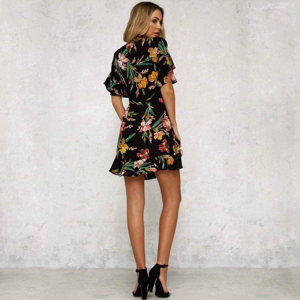 banlany Women Casual Dresses Ruffle Sleeve V-Neck Floral Slim High Waist Belt Beach Dress Black