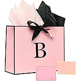 ANFENG Personalized Pink Birthday Gift Bag for Women with Tissue Paper and Card,Initial Thanksgiving Wedding Paper Bag with Bow Ribbon Monogram Bridal Party Favor Anniversary Bag(Pink Black,Letter B)