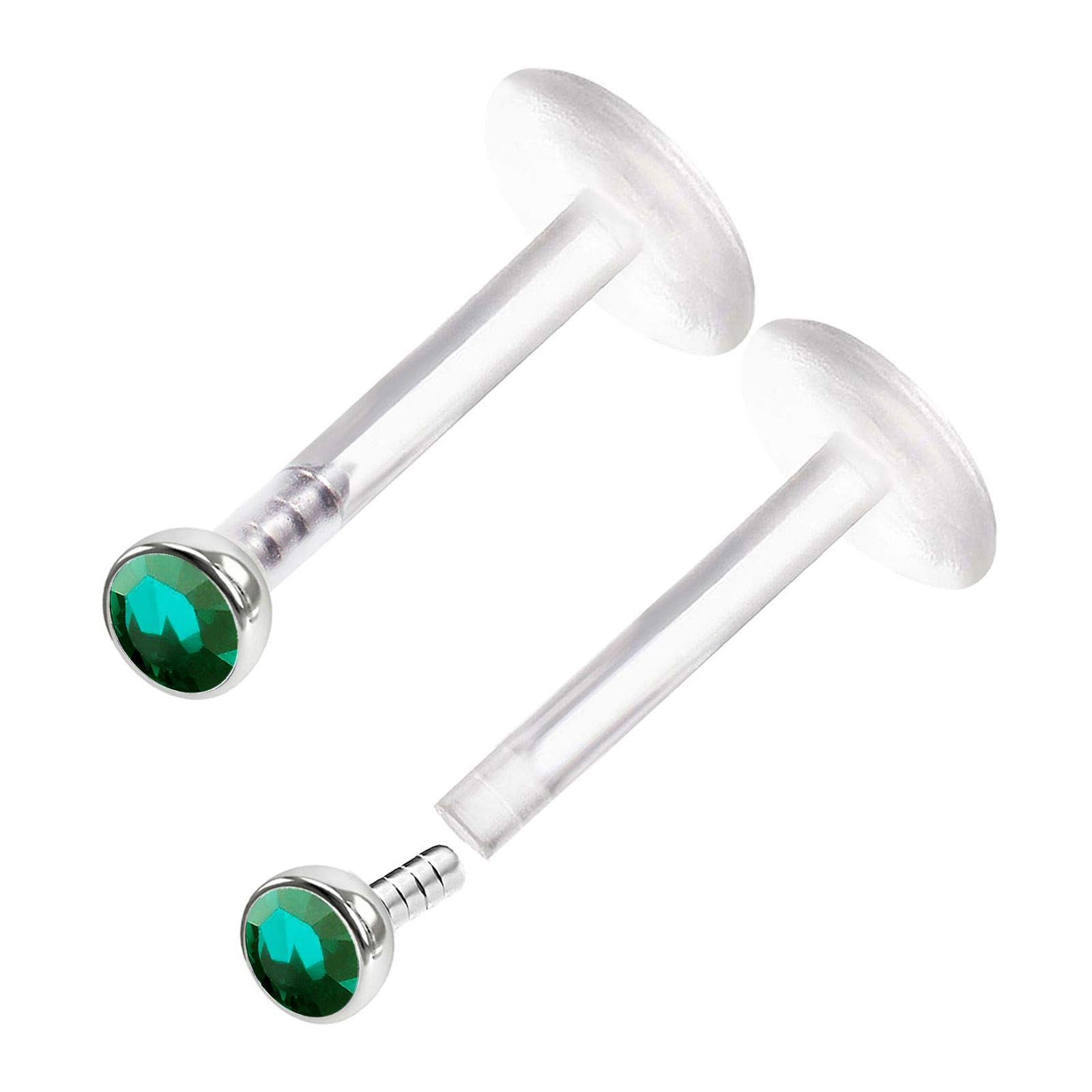 KJM FASHION 2PCS Acrylic Push In Monroe Labret 16g 5/16 8mm 2mm Emerald Crystal Snakebites Lip Earrings Spider Piercing Jewellery 0310