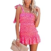 chouyatou Women's Summer Floral Spaghetti Strap Square Neck Ruffle Tie Mini Smocked Dress