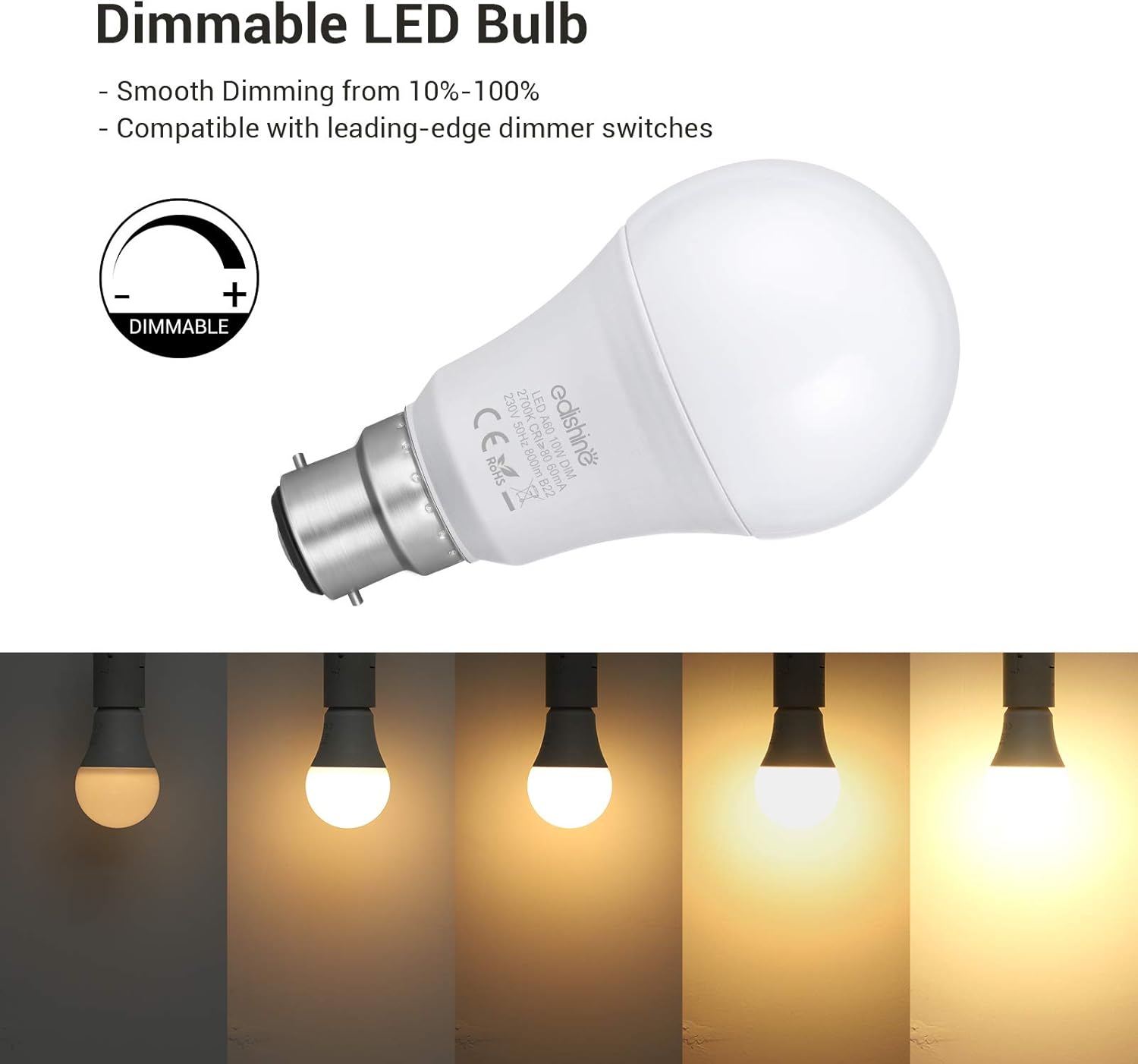 EDISHINE 6 Pack Dimmable Bayonet Light Bulb, Warm White 2700K, 9W LED Bulb, 60W Incandescent Equivalent - Image 3