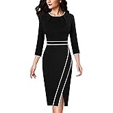 VFSHOW Womens Pleated Crew Neck Front Slit Work Business Office Bodycon Sheath Pencil Dress