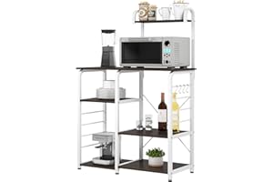 SDHYL Coffee Bar, 35 inch Bakers Rack Microwave Stand with 5 Storage Shelves and Hooks, Kitchen Shelves Organizers Racks, Microwave Table Coffee Station Table for Home Kitchen Bathroom, Black
