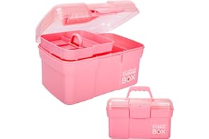 TERGOO 11in Mutipurpose Storage Box Organizer with Removable Tray, Portable Small Craft Organizer with Handle, Plastic Clear Tool Box Art Case for Makeup, Sewing, Nail, Hair Accessories (Pink)