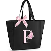Vavabox Tote Bag, A-Z Initial Monogrammed Waterproof Tote Bag, Bridesmaid Gifts for Women, Black and Pink