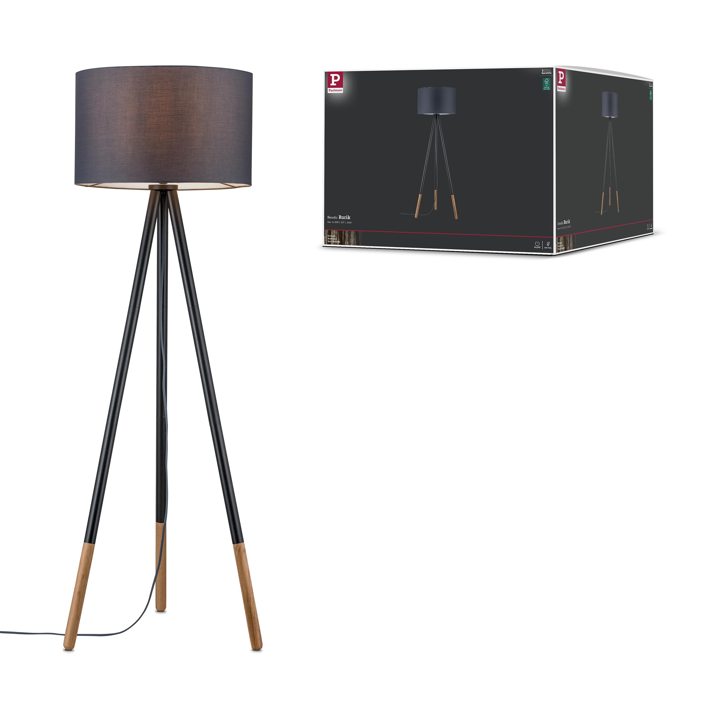 Paulmann 79633 Neordic Rurik Floor luminaire max. 1x20W Floor lamp for E27 Lamps Floor luminaire with Fabric Shade Grey/Wood 230V Without lamp