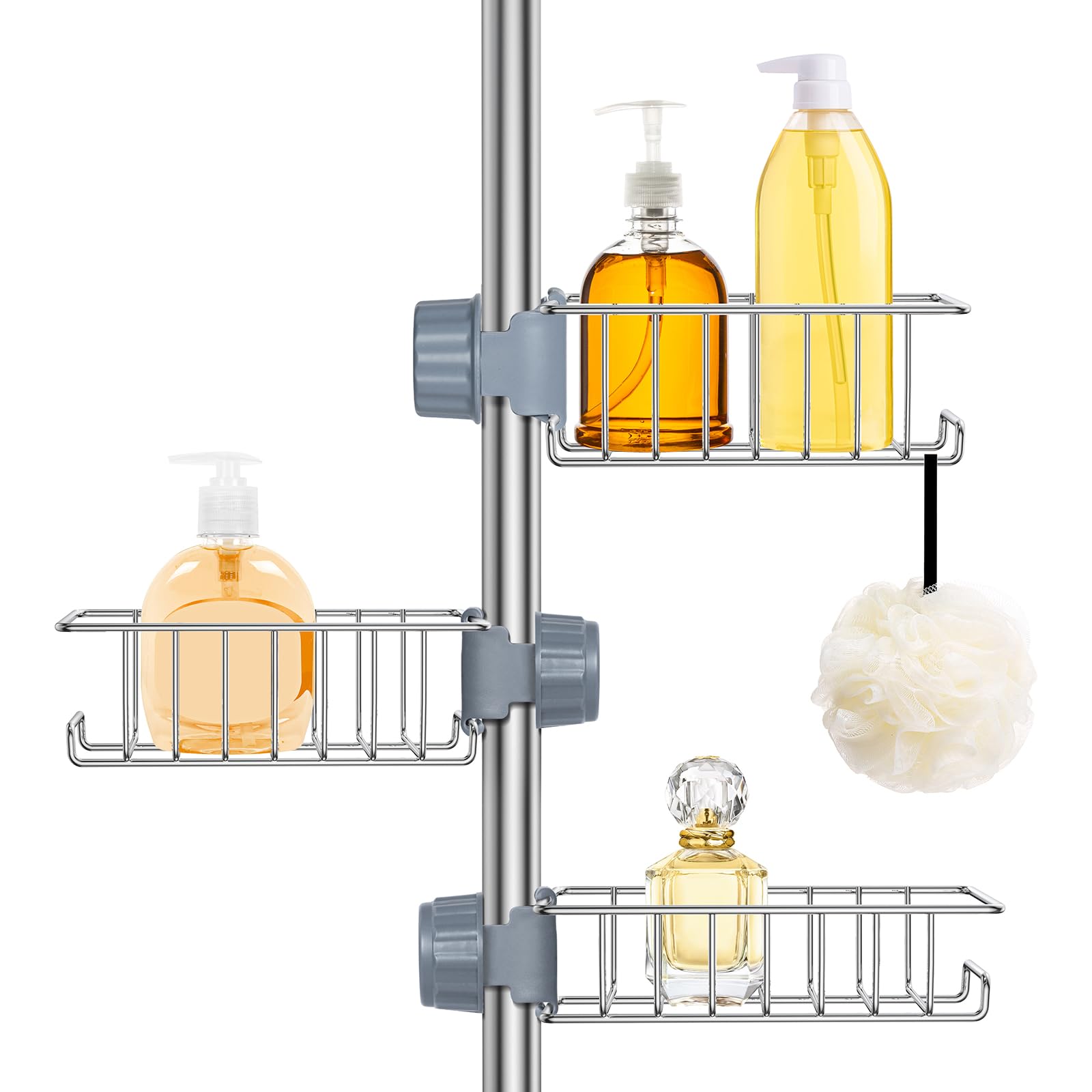Ainiv Shower Caddy No Drill, 3PCS Shower Shelf Rack, Stainless Steel Rustproof Bathroom Organiser, Rustproof Storage Shelves Hanging for Riser Rail 18-25mm for Kitchen Toilet Bathroom Home