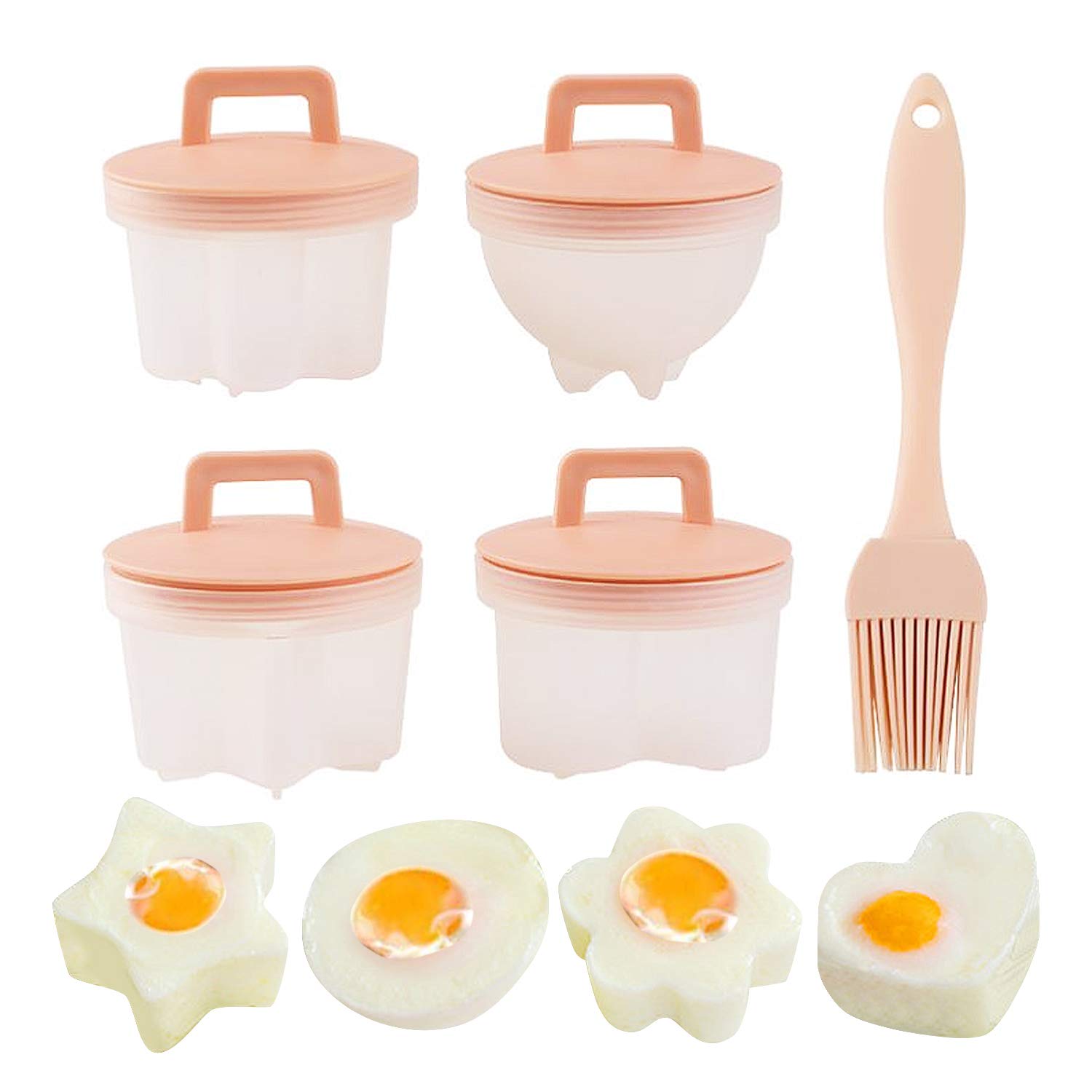 Pack of 4 Poached Egg Boiler, BPA-, Egg Boiler, Egg Cup, Egg Poacher with Oil Brush, Not Sticky, Pink, Perfect Breakfast