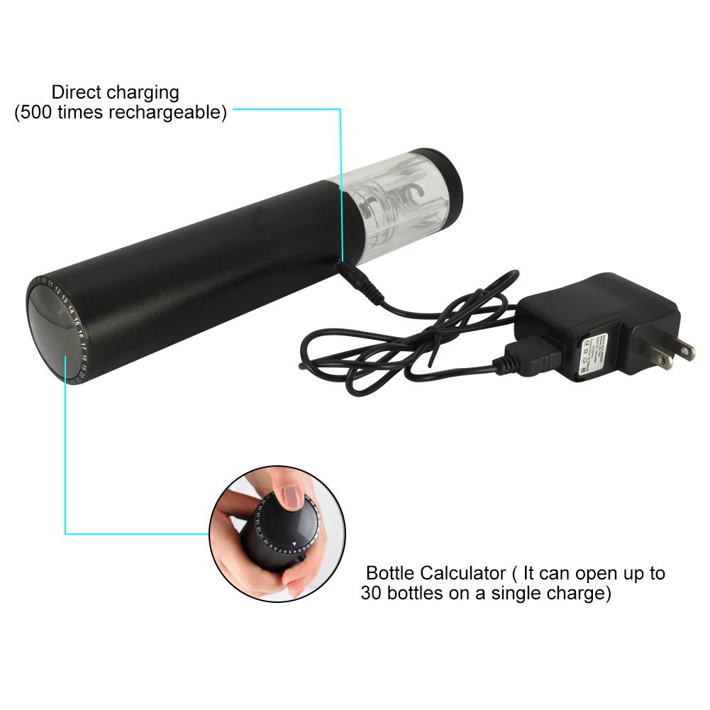 Wine Bottle Opener Aluminum Alloy Rechargeable Wine Opener Set with Foil Cutter,Built-in NiMH Battery and Opens Up to 30 Bottles on a Single Charge … (WO-K06-FBM)