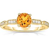 KOKAV 10K Yellow Gold Genuine Citrine 6mm Round with Diamond Ring. Size 7
