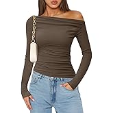 ZESICA Womens Off Shoulder Long Sleeve Tops 2026 Spring Casual Boat Neck Ruched Slim Fit Going Out Y2k Shirts Blouses