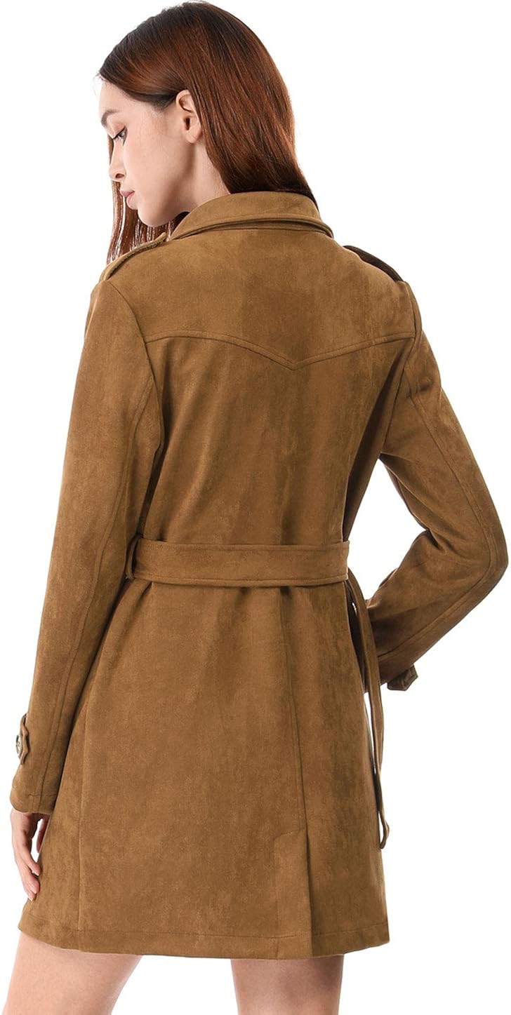 Allegra K Women's Notched Lapel Double Breasted Faux Suede Trench Coat Jacket with Belt: Clothing