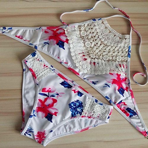 Womens Bathing Suit Swimsuit Floral Bandage Bikini Set Push-up Padded Bra Swimwear Summer Beachwear (S, White) Top Bottom