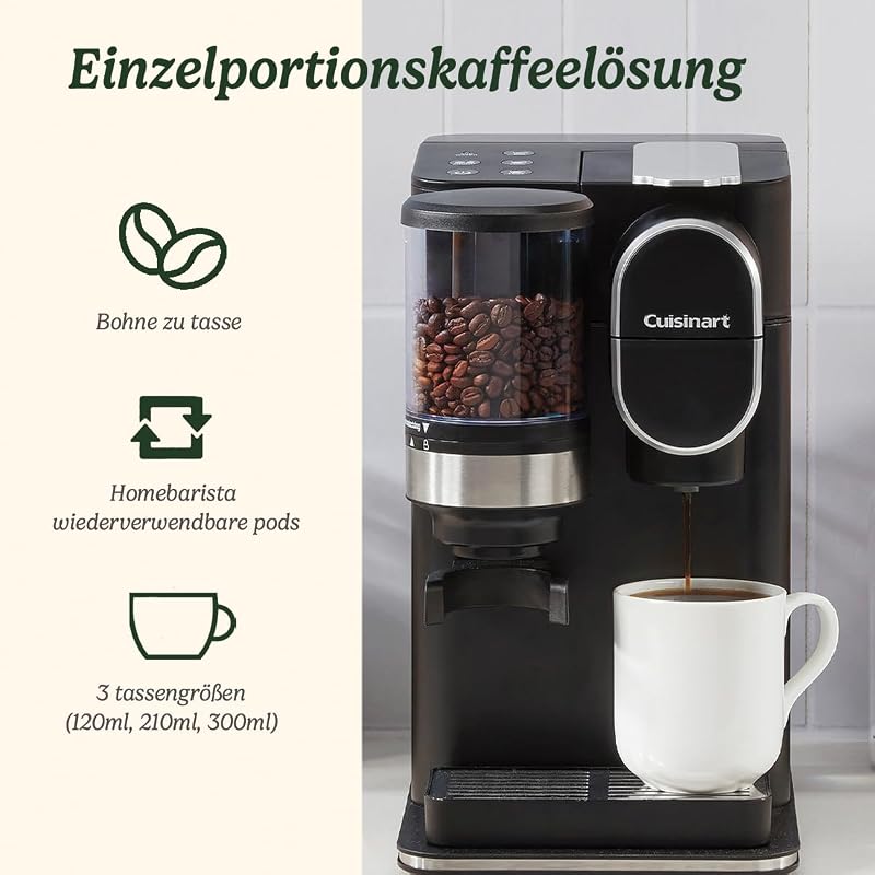 Kaffeemaschine für eine Tasse, gemahlen und gebrüht | Single serve Filterkaffee | Eingebautes Kegelmahlwerk aus Edelstahl | 3 Tassengrößen wählen | Wiederverwendbare Filterkapsel | Schwarz