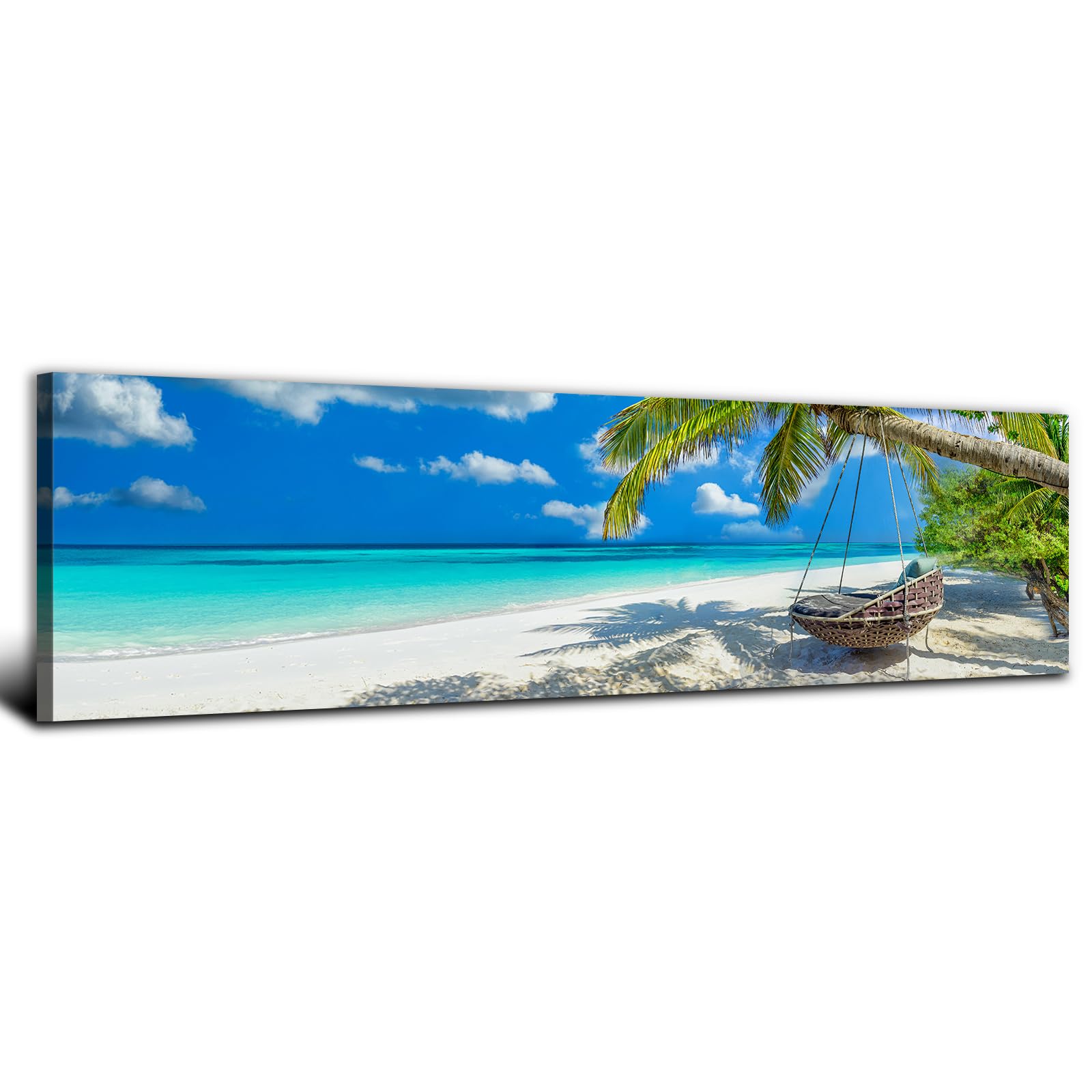 Photo 1 of Coastal Ocean Wall Art Nature Sand Beach Picture Wall Decor for Living Room Bathroom Tropical Palm Tree Scenery Painting Aqua Blue Seascape Decor Sea Landscape Poster Artwork Home Decorations 14x48”