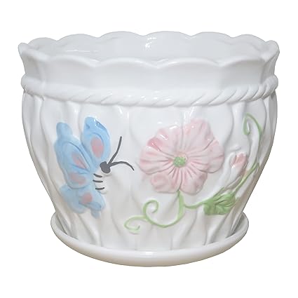 Juzfun Ceramic Plant Container Pink Flower Planter Pot for Indoor Decoration (Single Pot, Width 18CMs, Height 15 CMs) with Water Drain Hole and Attached Bottom Tray