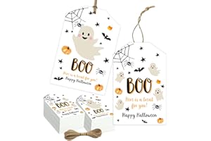 HAKOTI Halloween Tag Decoration 50PCS Ghost Tag With Jute String - Trick or Treat Happy Boo Day for Party Gift Wrapping Candy Bag Decoration