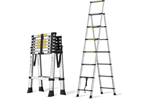 VANDISE Aluminium Ladder 8FT, 6+7 Telescoping Extension Ladder, A-Frame Portable Folding Ladder Heavy Duty Lightweight Step, 330lb Load Capacity, with Anti-Slip Feet, Wide Pro Step, for Lamp Repair, Cleaning