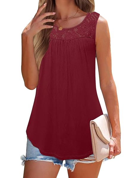 ZROZYL WOMEN’S SUMMER SLEEVELESS LACE PATCHWORK PLEATED CASUAL TANK TOPS WINE RED,S