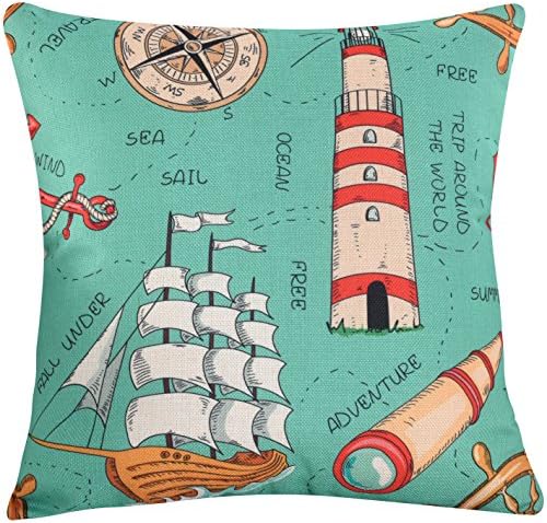 Yoyokmc Printed Cotton Linen Square Decorative Throw Pillow Case Valentine's Day Gift Cushion Cover, Sofa cushion Car Office Pillowcase, Beige Cotton Blend Linen 18x18'' (lighthouse)