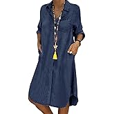 utcoco Denim Dress for Women 2025 Casual Loose Long Sleeve Classic Vintage Button Down Jean Shirt Dresses with Pockets