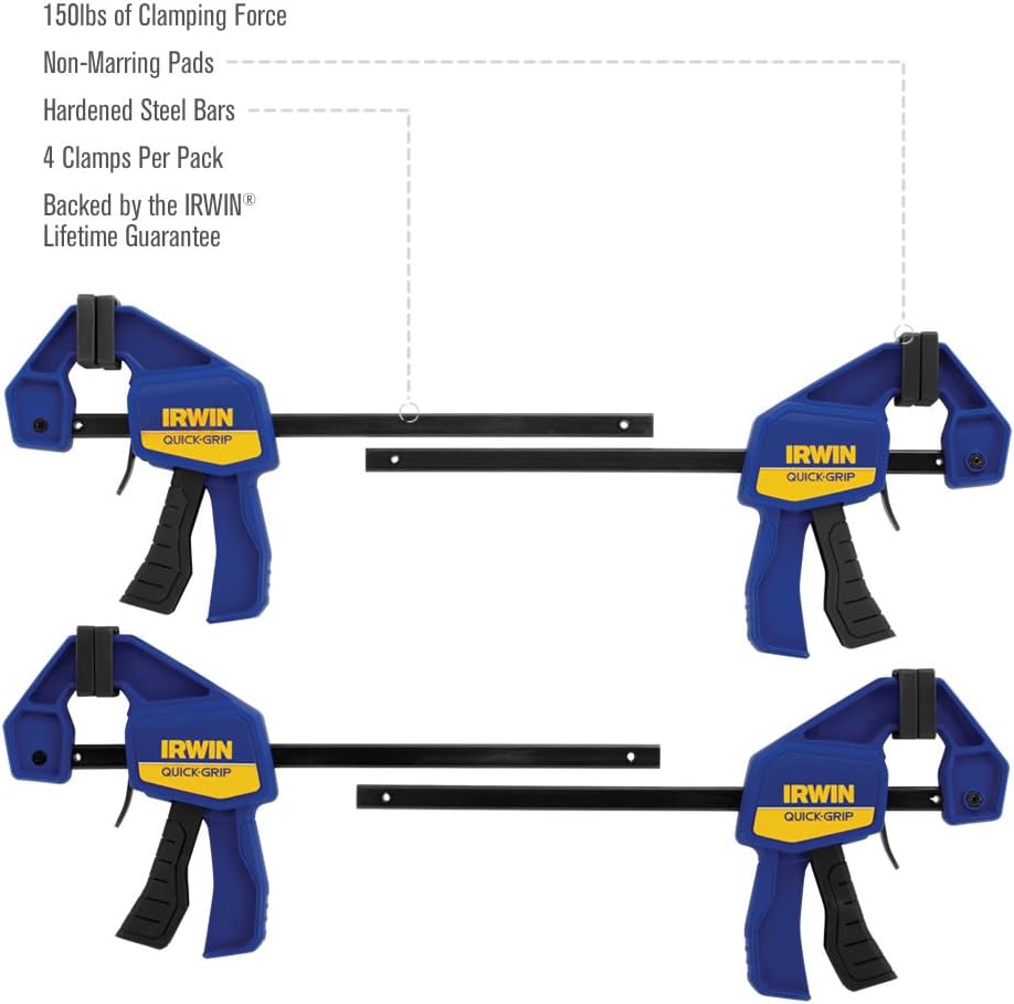 IRWIN QUICK-GRIP Clamps, One-Handed, Mini Bar, 6-Inch, 4-Pack (1964758) - Angle Clamps - 
