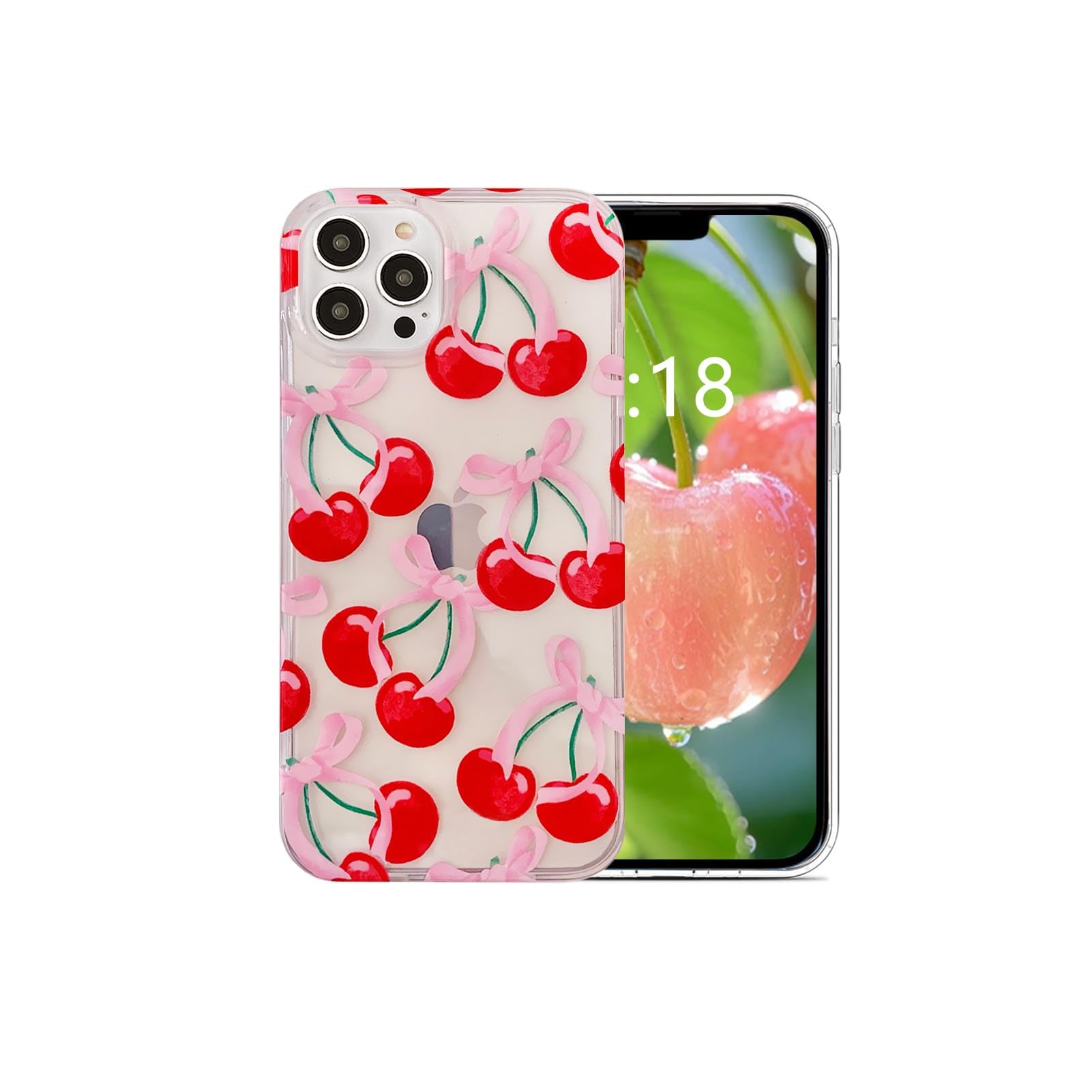 Red Cherry Phone Case for iPhone 14 pro max,Cute PINK Bow Kawaii Summer Slim Polka Dot Anti-yellowing Matte TPU Protective cover Aesthetic Retro Fruit for Unique Girly cool Women y2k Girls-Bow Cherry