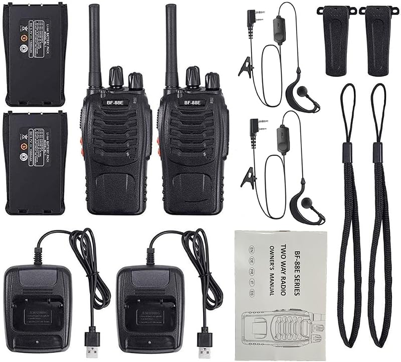 Walkie Talkie PMR446 Radio Ricetrasmettitore, 16 Canali Walkie-talkie Professionali Ricaricabili a Lungo Raggio con Auricolare e Luci LED Adatte per Sport All'Aperto, Cantiere (2 Pezzi, Nero)