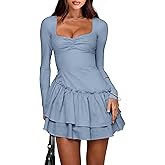 HYPERFIRE Women's Elegant Sweetheart Neck Long Sleeve Mini Dress Flowy Swing Shift Dresses Club