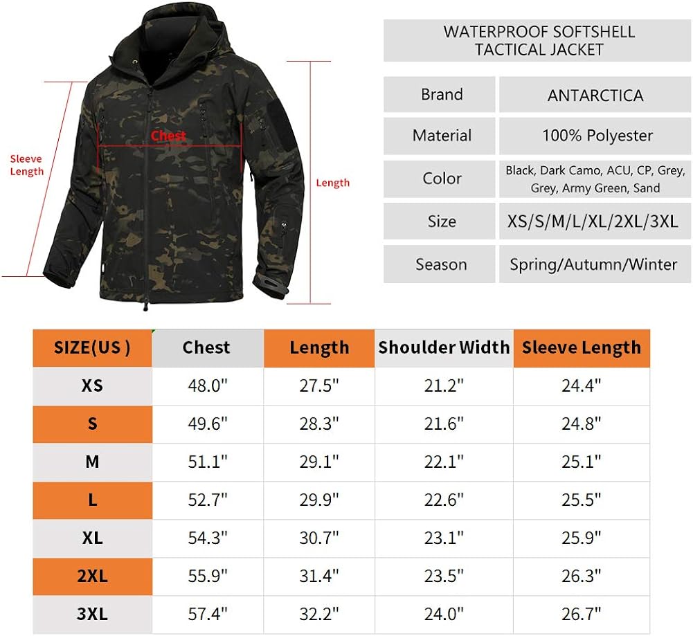 ANTARCTICA Men's Outdoor Waterproof Soft Shell Hooded Military Tactical Jacket: Clothing
