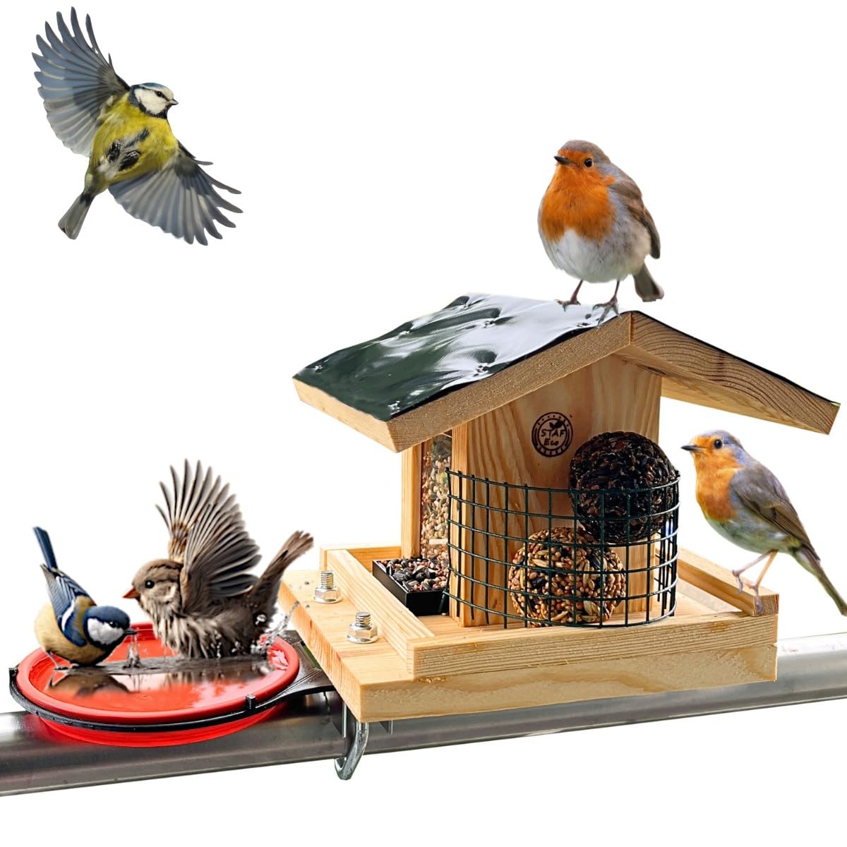 STAFECO Vogelfutterhaus Vogelhaus für Balkon wetterfest Futterhaus balkongeländer Holz imprägniert Handarbeit Gartenvögel im Garten Balkonhalterung mit Einer Größe von 30 bis 60 mm (Balkon 2)
