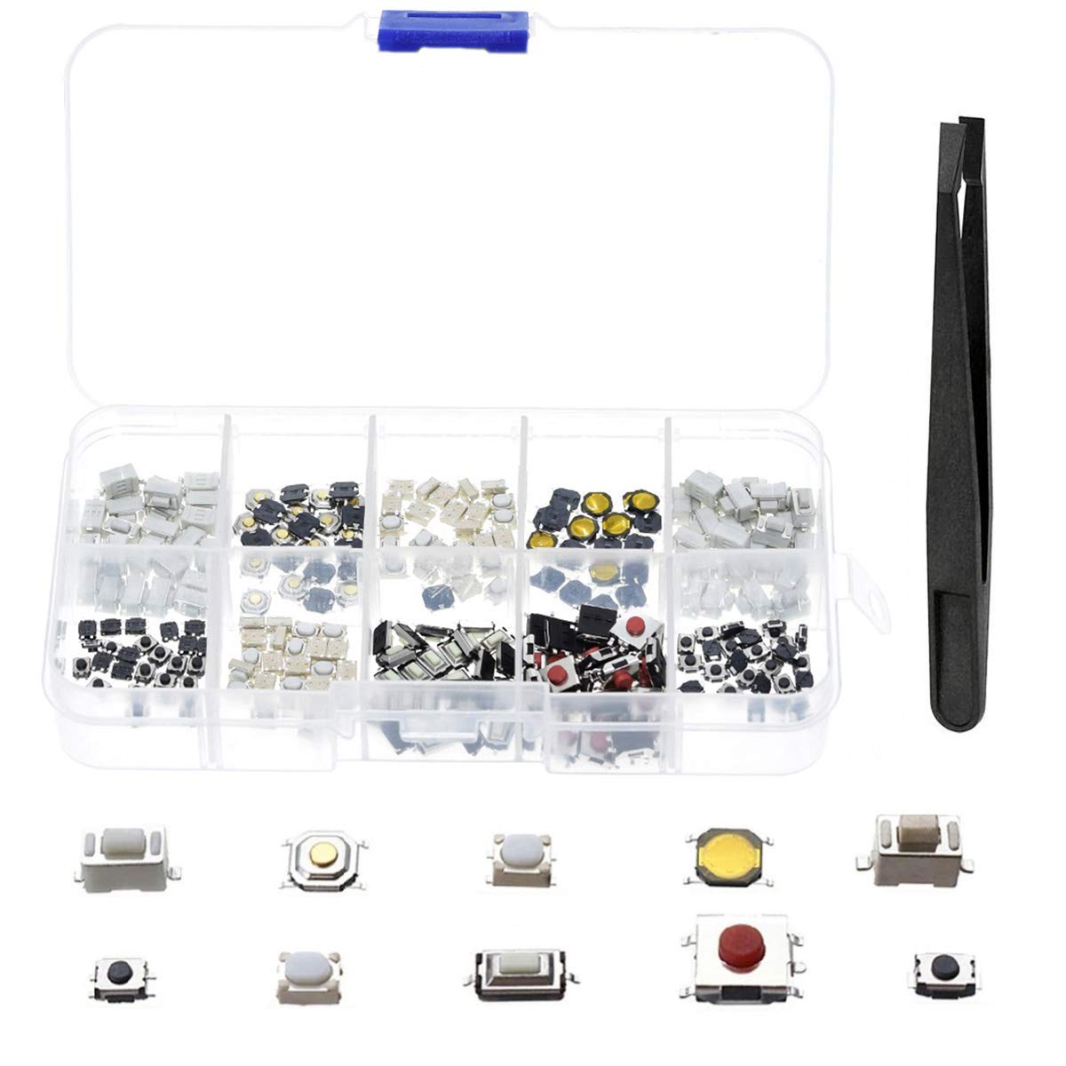Youmile 250PCS 10 Value Micro Momentary Tactile Push Button Switch SMD DIP Assortment Kit for PCB，Car Remote Control with Tweezer