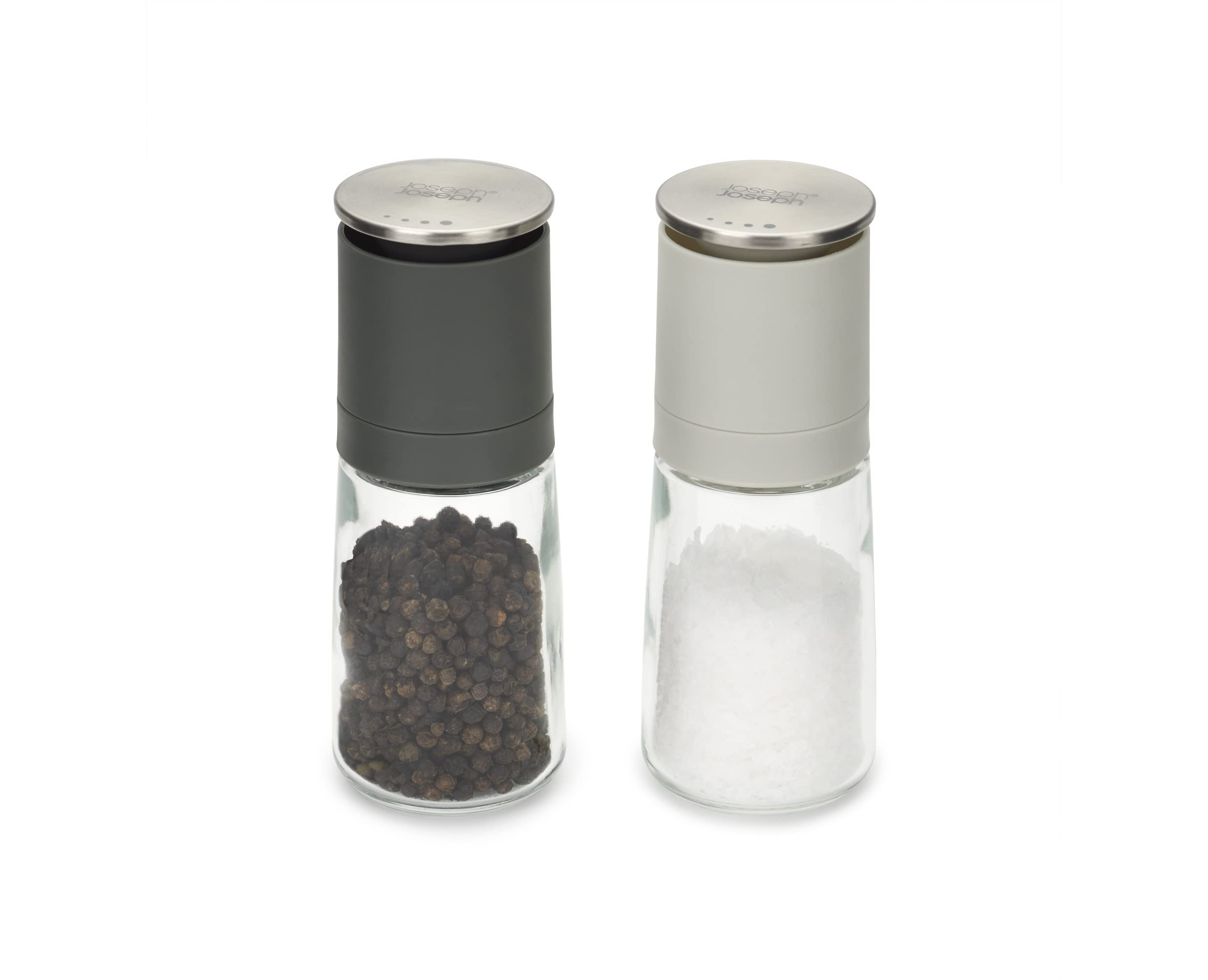 Joseph Joseph Duo No-Spill Manual Salt & Pepper Grinder Set, Inverted Mills with Ceramic Grinding Mechanism, Black/Grey