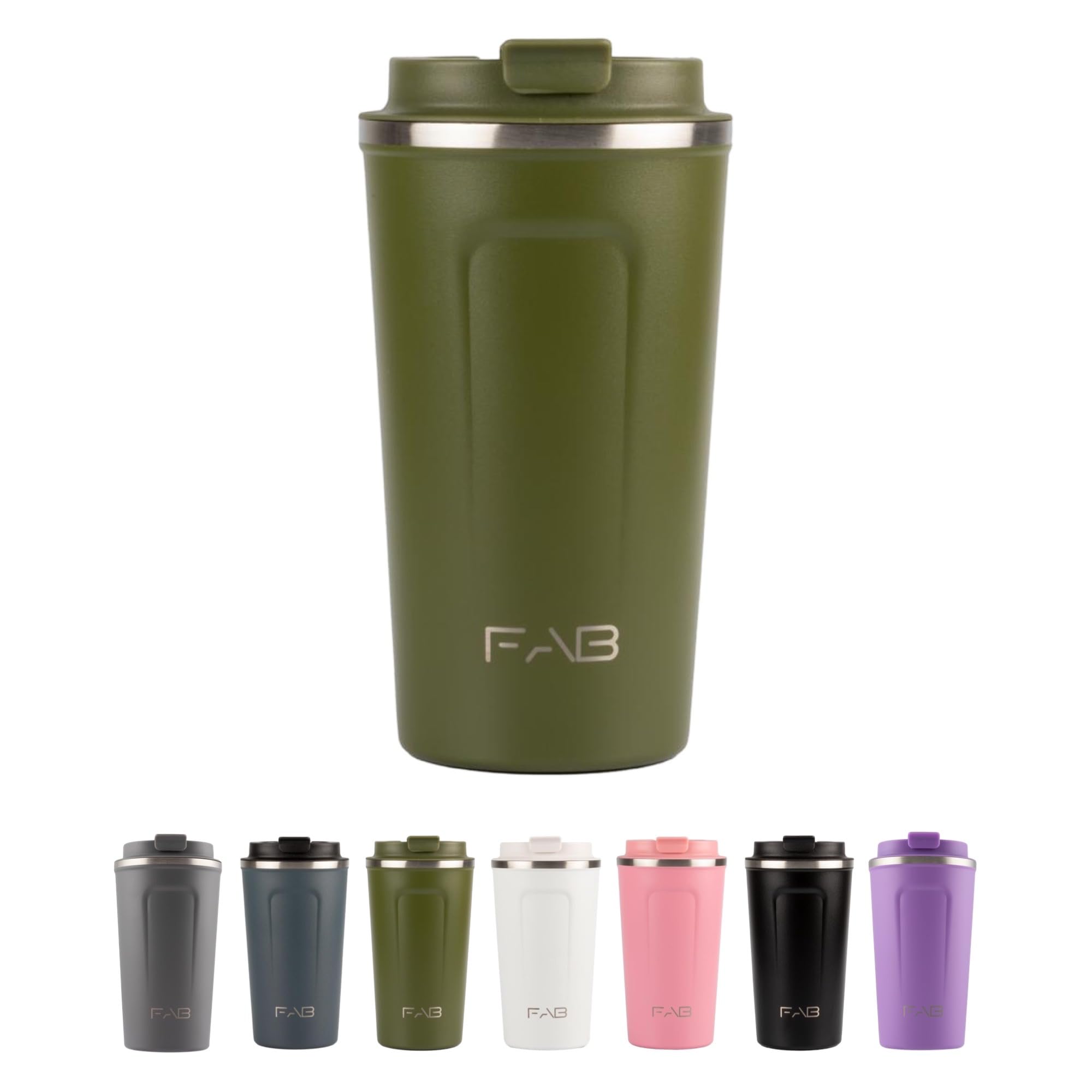 FAB Travel Mug, Reusable Coffee Cup (510ml, Army Green) - Double Wall Stainless Steel with Screw Lid - Thermal Camping Cup, Vacuum Insulated for Hot and Cold Drinks, Eco-Friendly