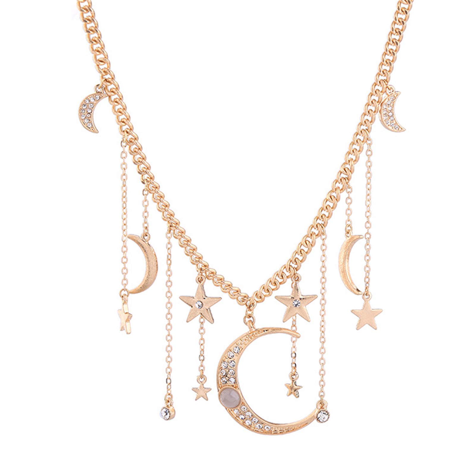HMOOY Fashion Crystal Crescent Moon and Star Pendant Necklace Gold Plated Retro Star Phase Pendant Delicate Chain Necklace Accessories Jewelry for Women (Tassel Design)