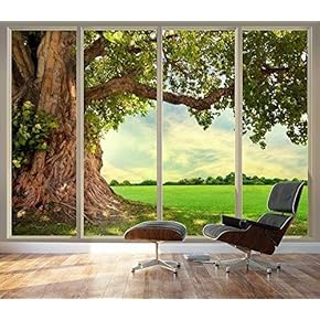 Wall26 - Large Wall Mural - Old Tree and Meadow Seen Through Sliding Glass Doors | 3D Visual Effect Self-Adhesive Vinyl Wallpaper/Removable Modern Decorating Wall Art - 66"x96"