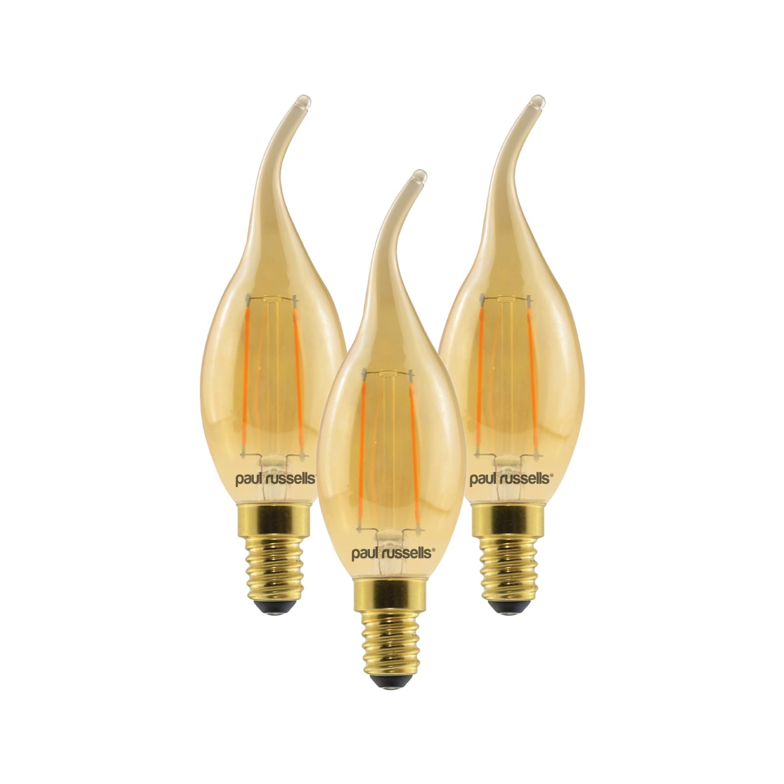 Paul russells LED Filament Flame Candle Light Small Edison Screw E14, 20watt Equivalent, C35T Lamp 2.5W 200LM Lumens, 2200K Amber Bulbs, Energy Saving SES Chandelier Bent-Tip Lightbulbs, Pack of 3