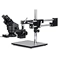 AmScope SM-4BZ-FRL-B Professional Binocular Stereo Zoom Microscope, WH10x Eyepieces, 3.5X-90X Magnification, 0.7X-4.5X Zoom Objective, 8W Fluorescent Ring Light, Black Double-Arm Boom Stand, 110V-120V, Includes 0.5x and 2.0x Barlow Lenses