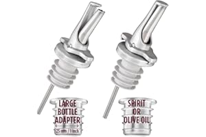 POURA 3-in-1 Liquor Bottle Pour Spouts with Built-in Fruit Fly Protection - Dishwasher Safe Hygienic Alcohol Pour Spouts - Also for Olive Oil, Juice, Syrup - Silver 2 Pack with 2 Adapters for Large Bottles