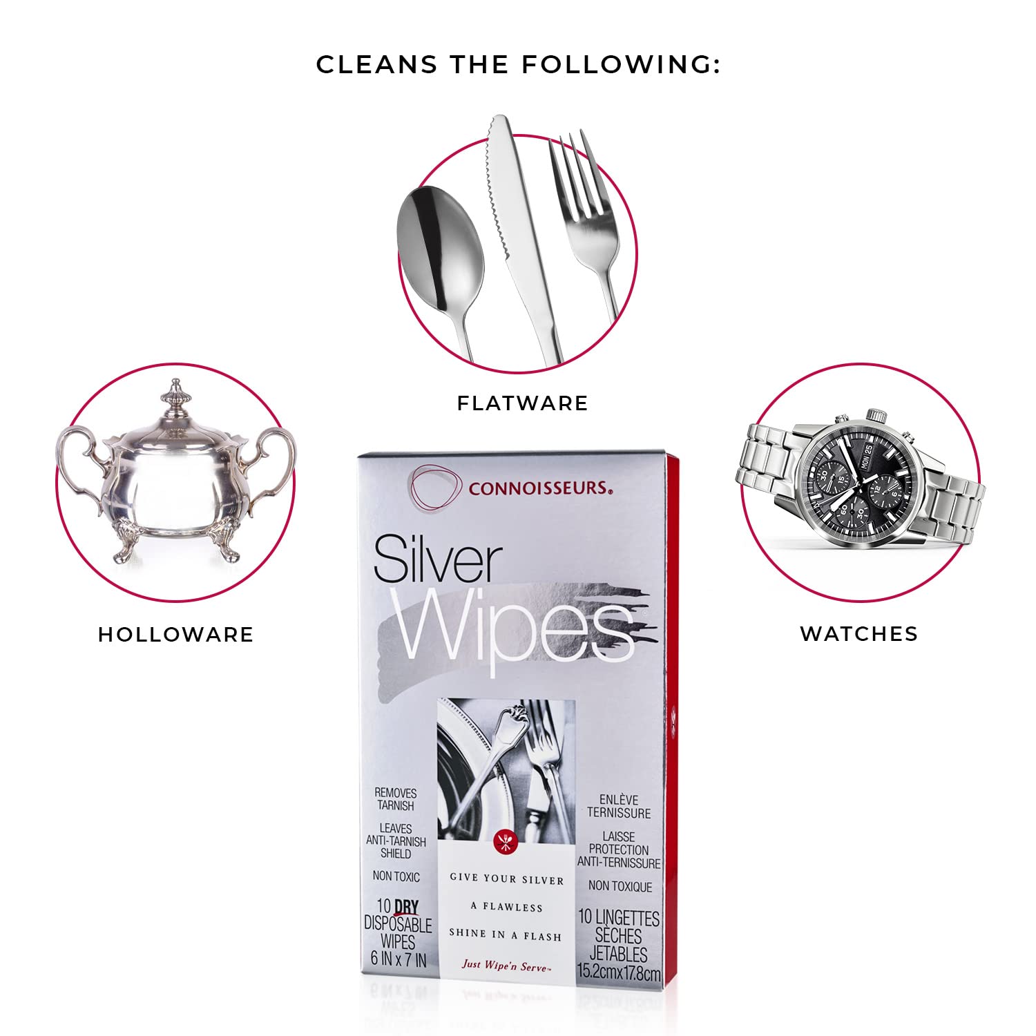 CONNOISSEURS Silver Cleaner Wipes for Sterling Silver Jewelry and Tableware - 10 Pack - Dry and Disposable - Remove and Prevent Tarnish