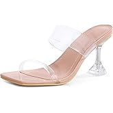 mysoft Women's Clear Heeled Sandals Square Toe Transparent Stiletto Mules Open Toe Slip on Dress Shoes