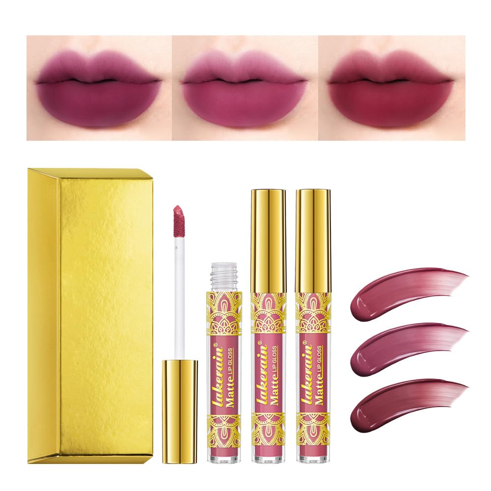ieron Lip Stains 3pcs Lip Glosses Lip Matte Long Lasting Water-resistant Anti-stick with Gloden Gift Box for Lip Make-up Beauty - Purple Series